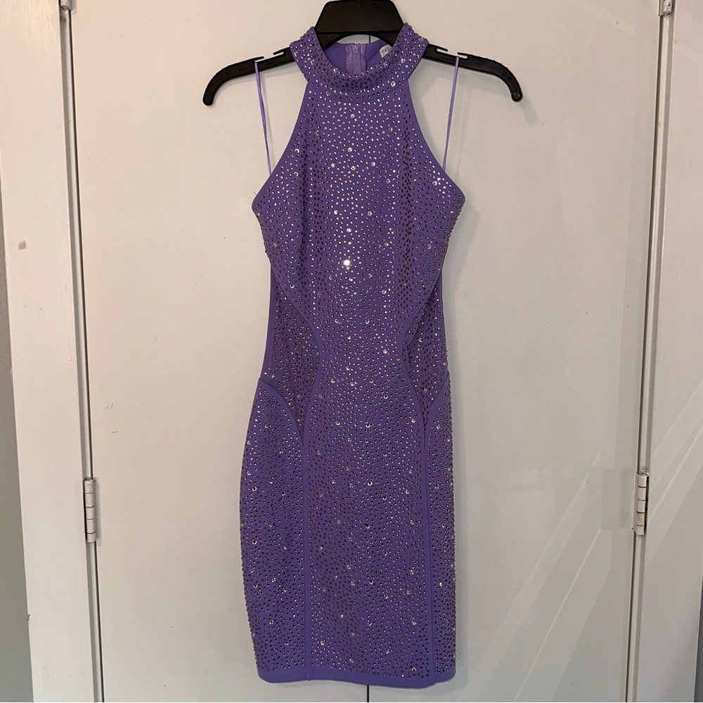 Fashion Nova Purple Lilac Rhinestone Halter Bodycon Dress. Size Small.